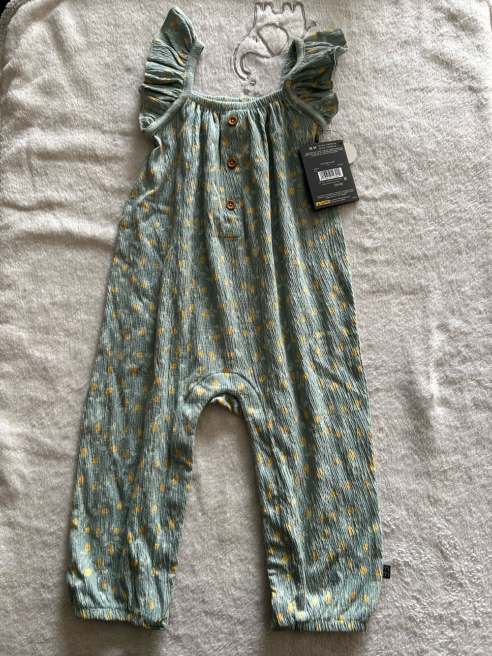 Gerber Sage Green Romper with Yellow Dot Print and Ruffle Shoulders